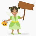 Cute Fairy Holding a Wooden Sign and a Pumpkin Bucket, Halloween Cartoon Vector Royalty Free Stock Photo