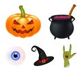 Halloween cartoon vector set, symbols collection. set of vector objects, pumpkins, witch hat cauldron, and more. Vector Set of cut Royalty Free Stock Photo