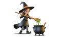 Halloween cartoon witch stirring cauldron with potion 3d render illustration Royalty Free Stock Photo