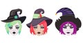 Halloween cartoon witches vector set. Witch wearing typical witch hat. Face painting, witch makeup. Pretty sorceress Royalty Free Stock Photo