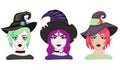 Halloween cartoon witches vector set. Witch wearing typical witch hat. Face painting, witch makeup. Pretty sorceress