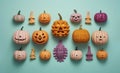 Halloween carved pumpkin toys flat lay pattern. Royalty Free Stock Photo
