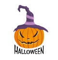 Halloween carved pumpkin with witches hat. Jack-o-lantern. Vector illustration, isolated on white. Royalty Free Stock Photo