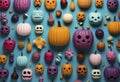 Halloween carved pumpkins flat lay in pastel colors.