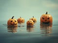 Halloween carved pumpkins floating on the water surface.