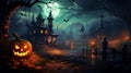 Halloween carved pumpkins in a muddy puddle rainy autumn background ai generated image