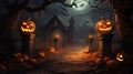 Halloween carved pumpkins in a muddy puddle rainy autumn background ai generated image