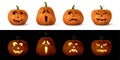 Halloween carved spooky pumpkin set. Isolated smiling, cute, funny, happy, scary, creepy faces. October holiday Royalty Free Stock Photo