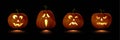 Halloween carved spooky pumpkin set. Isolated smiling, cute, funny, happy, scary, creepy faces. October holiday Royalty Free Stock Photo