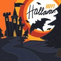 Halloween castle bat concept background, hand drawn style Royalty Free Stock Photo