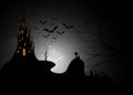 Halloween castle and cemetery, night party background with bats and fog, vector illustration Scary party invitation flyer template