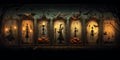 Halloween castle interior with pumpkins, pictures, candles. Horror Halloween game Royalty Free Stock Photo