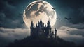 Halloween castle with the moon and bats in the sky Royalty Free Stock Photo