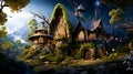 Halloween castle with a pond in the fantasy forest. A fairy tale forest wooden house covered with moss