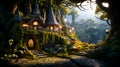 Halloween castle with a pond in the fantasy forest. A fairy tale forest wooden house covered with moss