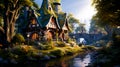 Halloween castle with a pond in the fantasy forest. A fairy tale forest wooden house covered with moss