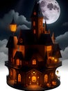 halloween castle with pumpkin in cloud an fullmoon background ai generated Royalty Free Stock Photo