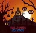 Halloween castle silhouette costume kids bat tree on dark Colored poster Royalty Free Stock Photo