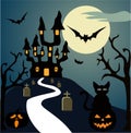 Halloween castle with spooky bat and pumpkin. Vector