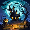 Hyper-detailed Halloween Illustration With Full Moon, Pumpkins, And Vibrant Stage Backdrops Royalty Free Stock Photo