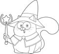 Outlined Halloween Witch Black Cat Cartoon Character Holding A Magic Wand