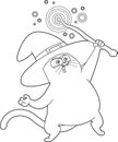 Outlined Halloween Witch Black Cat Cartoon Character With Magic Wand Making Magic