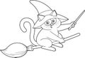 Outlined Halloween Witch Black Cat Cartoon Character Fly A Broom
