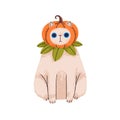 Halloween cat with pumpkin on head. Cute funny kitty on Helloween holiday. Amusing comic feline animal in party costume