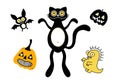 Halloween cat set pumpkins and ghost and web and bones and bats pattern for festive packaging Royalty Free Stock Photo