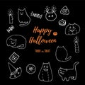 Halloween cat vector set. Hand drawn white chalk on black board doodles isolated on black. Fat cats, pumpkins, hats Royalty Free Stock Photo