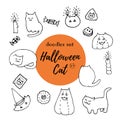 Halloween cat vector set. Hand drawn ink doodles of fat cats, pumpkins, hats, cookies, candles and candies Royalty Free Stock Photo