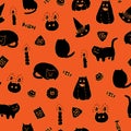 Halloween vector seamless pattern. Hand drawn ink doodles of fat cats, pumpkins, hats, cookies, candles and candies Royalty Free Stock Photo