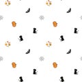 Halloween cats, pumpkins, bats, sweets seamless pattern. Vector design with varied halloween elements on white scattered Royalty Free Stock Photo