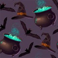 Cauldron and witch hat vector seamless pattern