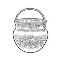 Halloween cauldron. Magic Pot with bubbles. Vector engraving