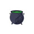 Halloween cauldron with potion. Magic green poison, cooking in big witch's pot. Caldron for alchemy and sorcery. Flat