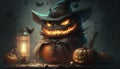 halloween celebration day with pumpkins, haunted house and people celebrating