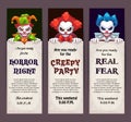 Halloween celebration event banners with scary clown faces.