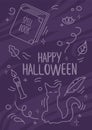 Halloween celebration print with witch occult supplies. Traditional spell book, candle and feather floating in the air Royalty Free Stock Photo