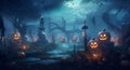 holiday bat horror moon night halloween pumpkin grave dark cemetery. Generative AI. Royalty Free Stock Photo