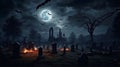 Halloween cemetery with a full moon, spooky graveyard illustration