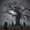 Halloween, cemetery with gravestones and old tree in fog. Foliage ground. AI