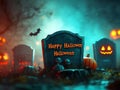 Halloween cemetery with jack-o-lanterns and scary crosses. Royalty Free Stock Photo