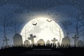 Halloween Cemetery in the night of the full moon and a flock of flying bats background. Royalty Free Stock Photo