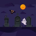 Halloween cemetery scene with bat, ghost, spider on tombstone.