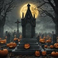 Halloween, in the cemetery, tombstones, pumpkins on the ground. Full moon