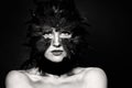 Halloween character, black and white portrait. Bird woman makeup on dark