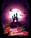 Halloween character and element design badge on full moon Background, Trick or Treat Concept, vector illustration