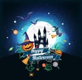 Halloween character and element design badge on full moon Background, Trick or Treat Concept, vector illustration