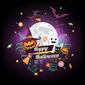 Halloween character and element design badge on full moon Background, Trick or Treat Concept, vector illustration